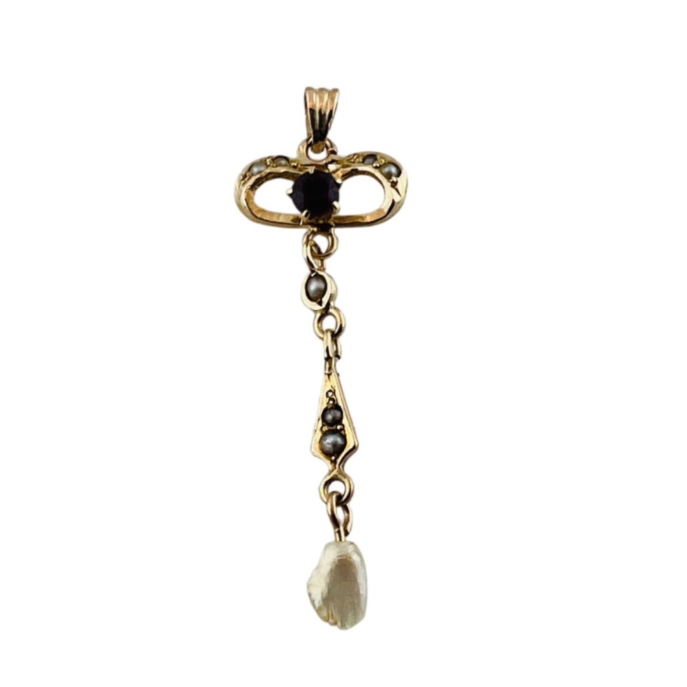 Vintage 10K Yellow Gold Faceted Purple Stone and Pearl Dangle Pendant #15995